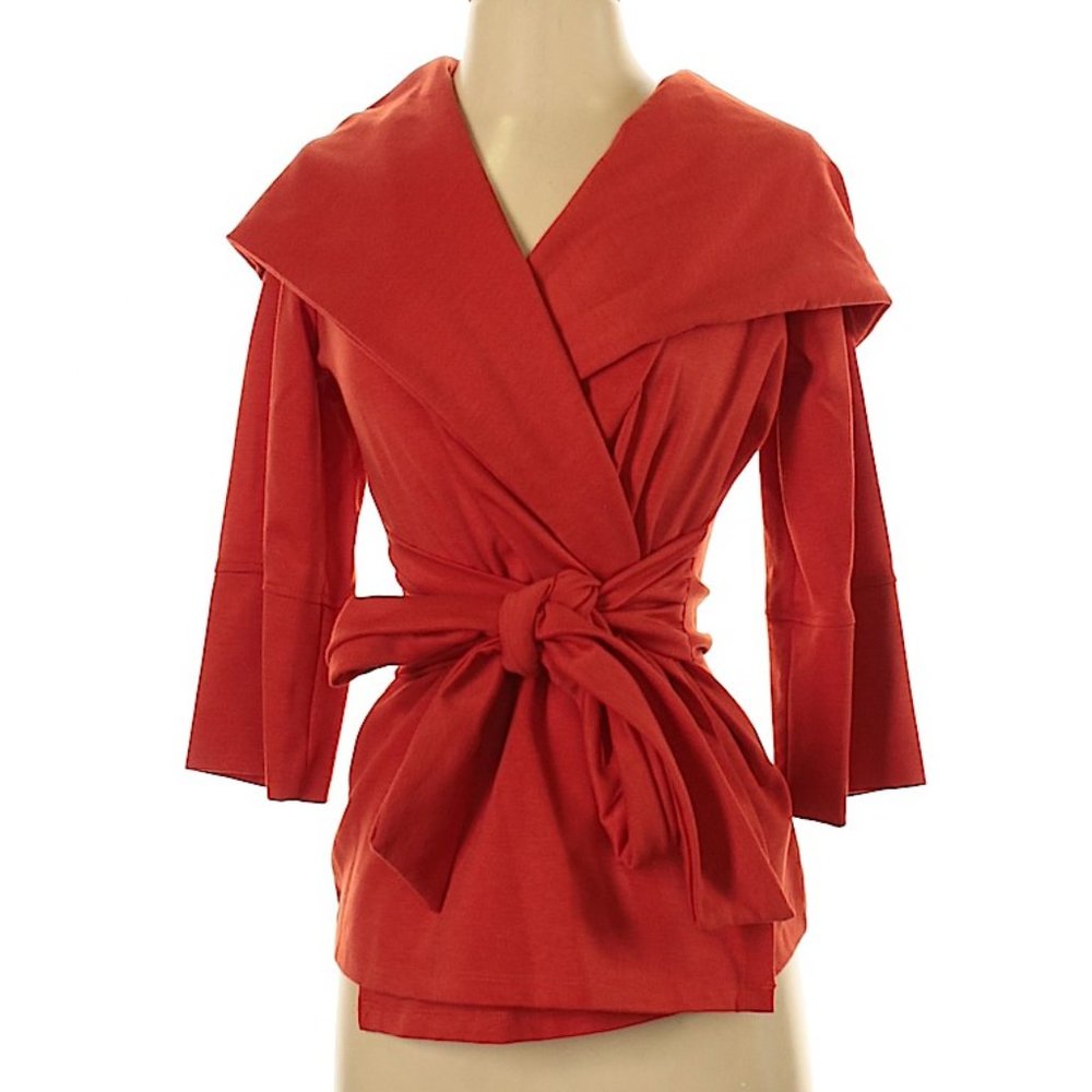 Burnt Orange Hooded 3/4 Sleeve Tie Cardigan‎ Jacket